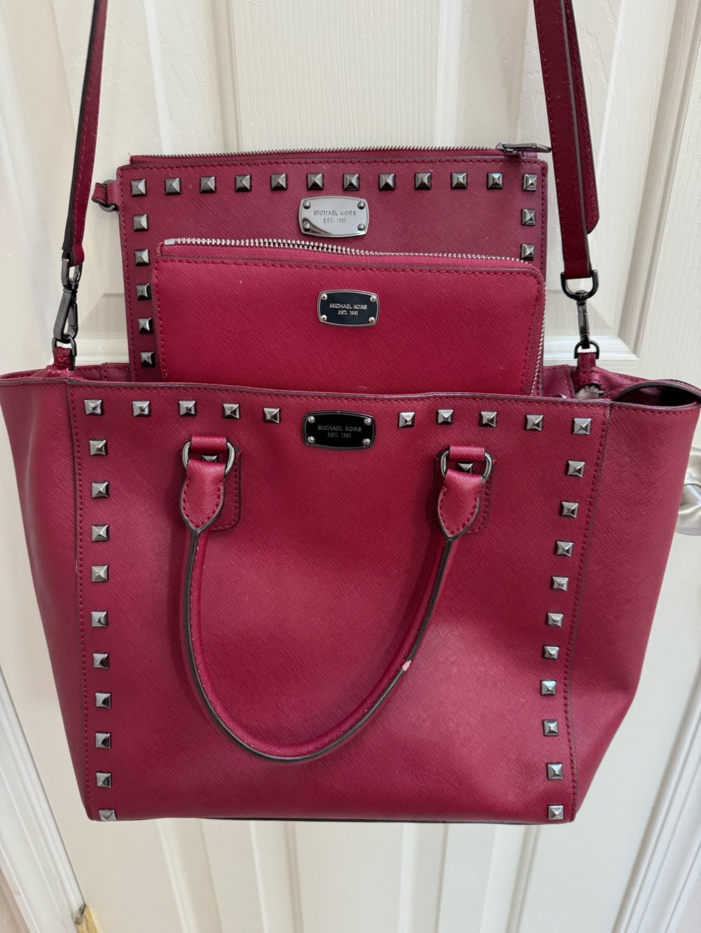 Michael Kors Burgundy Studded Saffiano Tote with matching Wristlet and Wallet